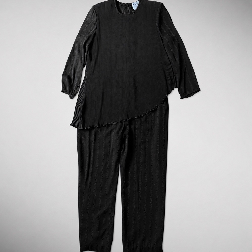 Vintage LIHLI Black 2 Pc Pant Set Asymmetrical Pleated Top Sheer Floral